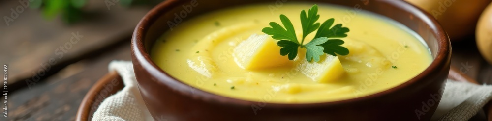 Creamy potato soup, fresh parsley garnish, rustic wooden bowl , winter, close up