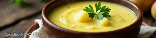 Obraz na płótnie Creamy potato soup, fresh parsley garnish, rustic wooden bowl , winter, close up w salonie