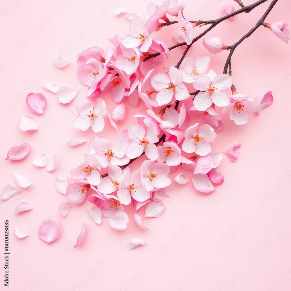 Delicate pink cherry blossom petals scattered on a soft blush background, springtime serenity, soft focus, romantic, bloom