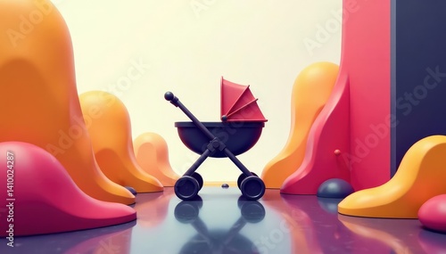 Abstract geometric stroller shapes, monochrome palette, decor, background, black