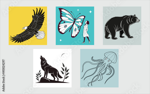 Collection of wild animal vector silhouette illustrations with a black tattoo design