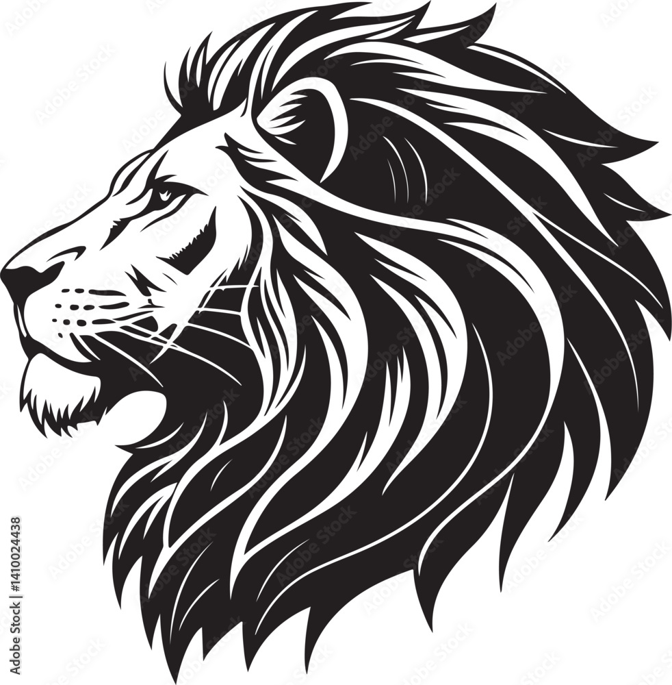 Obraz premium Majestic Lion Portrait: A striking black and white illustration of a regal lion's head, capturing its powerful presence and commanding gaze.