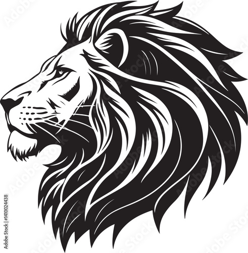 Majestic Lion Portrait: A striking black and white illustration of a regal lion's head, capturing its powerful presence and commanding gaze.