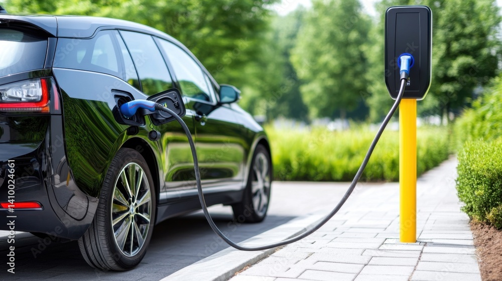 Electric Car Charging at Modern Station in Urban Green Park Setting with Lush Trees and Bright Sunshine