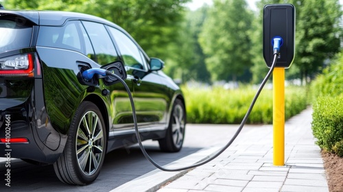 Obraz na płótnie Electric Car Charging at Modern Station in Urban Green Park Setting with Lush Trees and Bright Sunshine w salonie