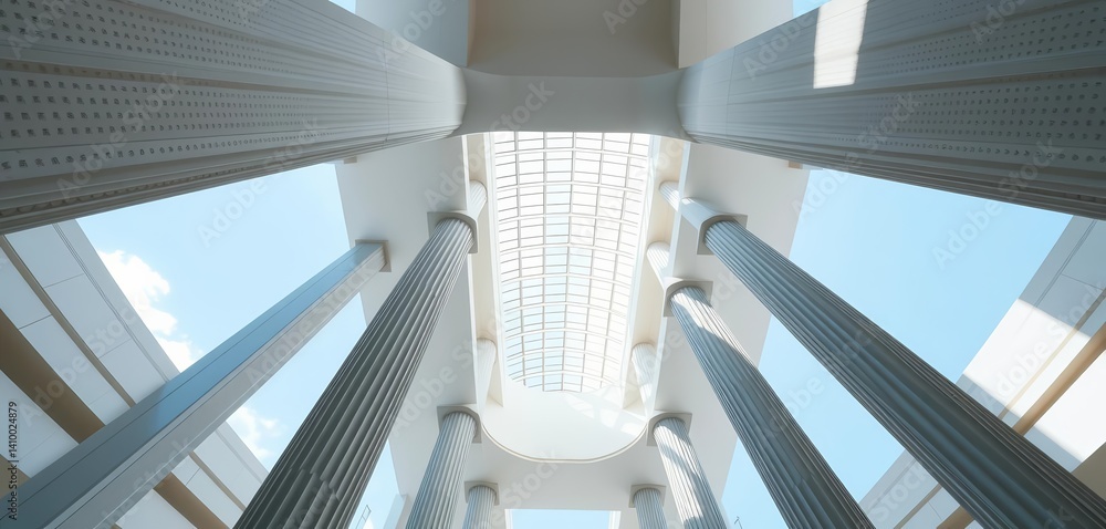 Fototapeta premium Stunning upward view of bright white atrium with skylight and soaring columns, empty space, shadow
