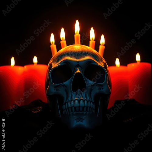 Obraz na płótnie Glowing candles atop a skull cast eerie shadows, witchcraft, halloween decorations w salonie