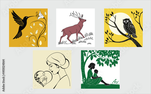 Funny animal silhouettes set in the garden with cats dogs birds and more