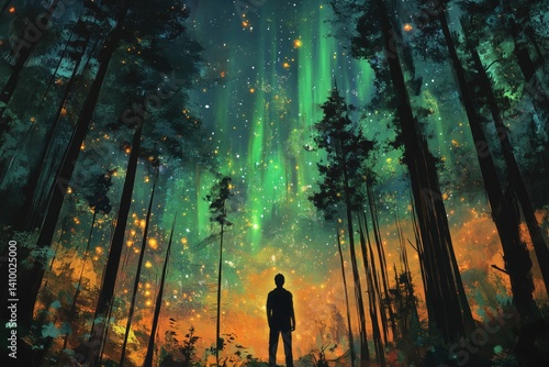 A lone figure stands in awe beneath a vibrant, celestial aurora borealis illuminating a mystical forest