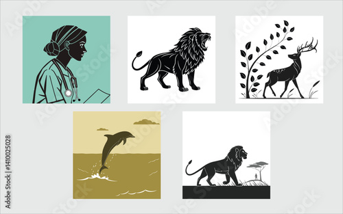 Wild animals silhouette set with various zoo and farm animals in vector design
