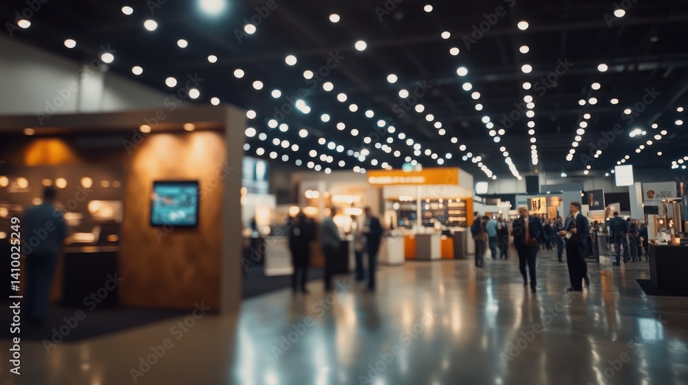 custom made wallpaper toronto digitalA dynamic indoor exhibition space filled with bright lights and bustling crowds, showcasing various vendor booths and displays.