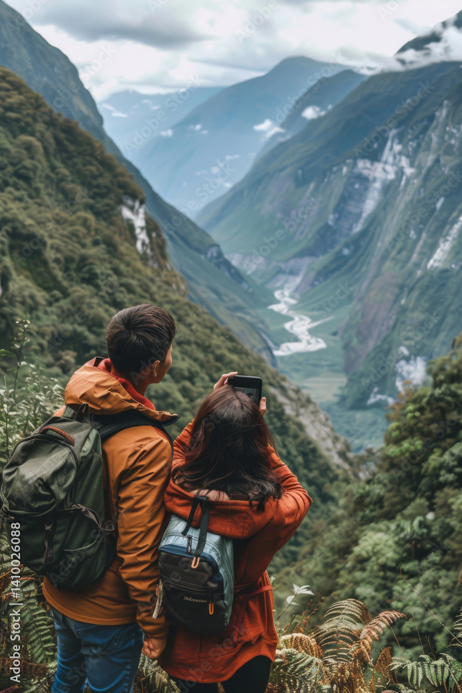 Fototapeta premium Back view of a couple in hiking gear admiring a breathtaking mountainous landscape