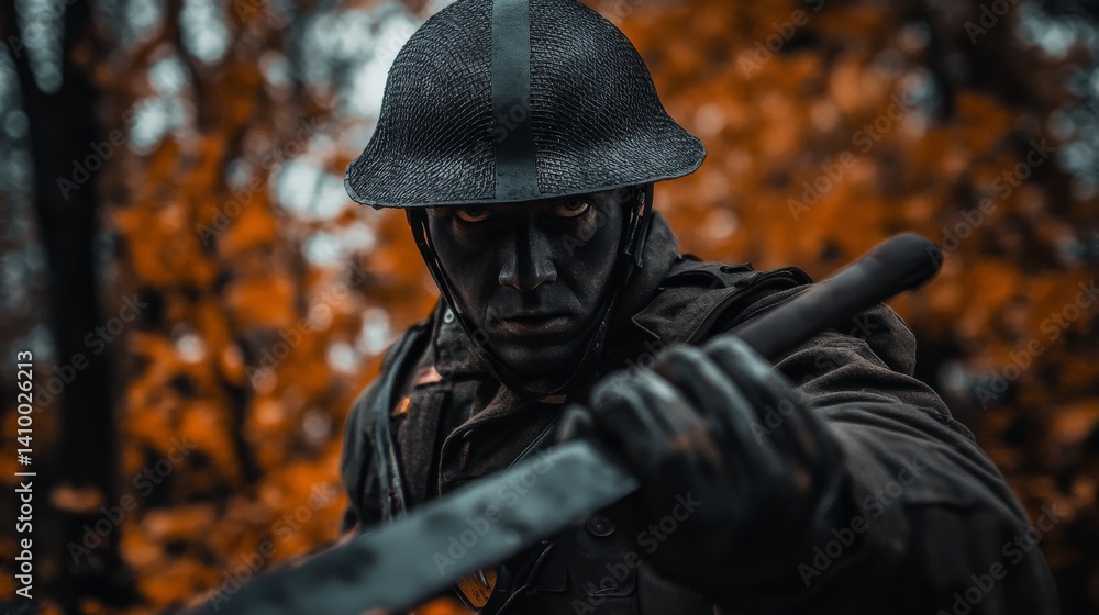A fierce soldier stands ready with a weapon. The backdrop is a captivating autumn scene. His determination reflects bravery in the midst of chaos. Generative AI A fierce soldier stands ready with a weapon. The backdrop is a captivating autumn scene. His determination reflects bravery in the midst of chaos. Generative AI