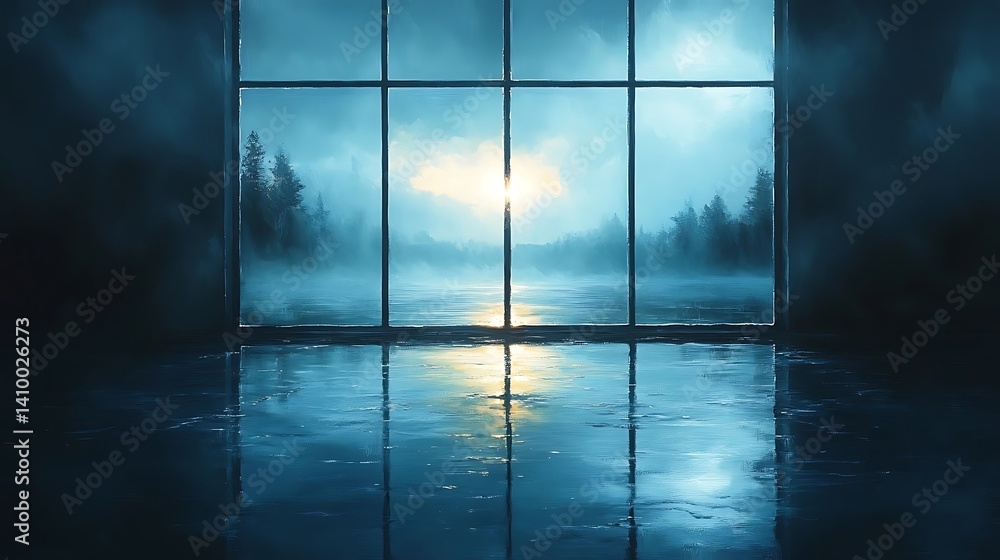 Fototapeta premium Misty forest vista reflected in a dark interior.
