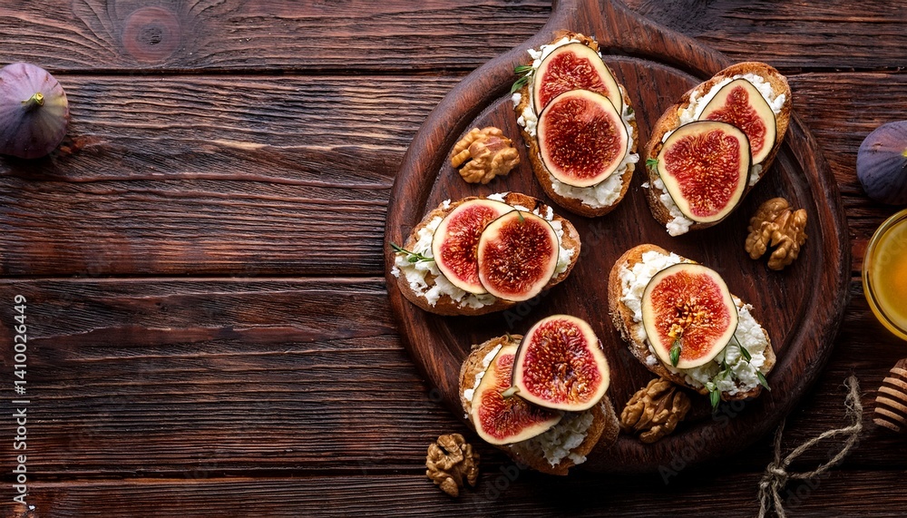 Bruschetta topped with fresh figs, honey, goat cheese, and walnuts, served on a wooden platter with a dark wood background, offering a rustic and elegant presentation of a gourmet snack. Bruschetta topped with fresh figs, honey, goat cheese, and walnuts, served on a wooden platter with a dark wood background, offering a rustic and elegant presentation of a gourmet snack.