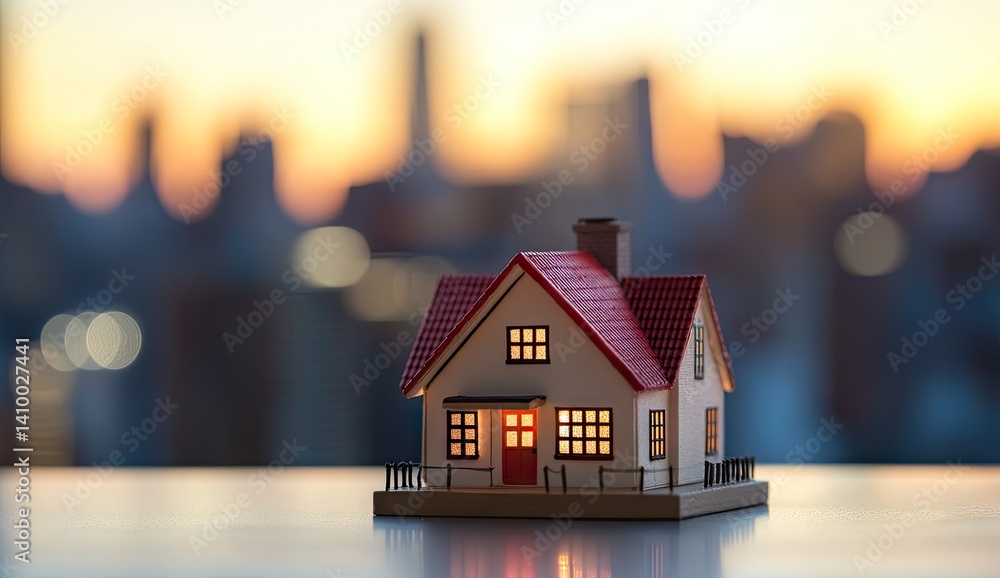 Illuminated miniature house model at sunset, city backdrop Illuminated miniature house model at sunset, city backdrop