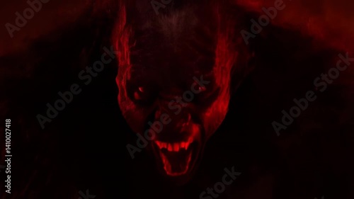 Fiery demon emerges: intense creature roaring amidst flames in dramatic scene
