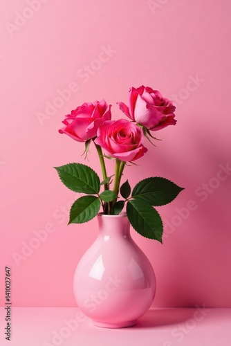 Pink rose bouquet in a pink vase against a textured pink backdrop , spring, bloom, blossom