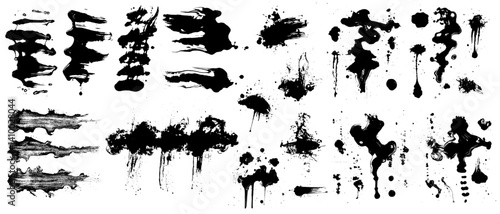 Artistic texture of ink brush strokes, splatter stains, callout. Paintbrush, stroke vector set. Black dried paint splattered in dirty style. Isolated black ink stencils for graphic design, text fields
