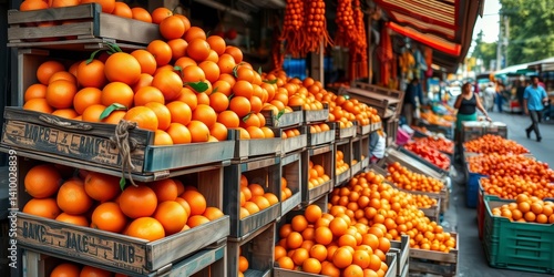 Stacked wooden crates overflowing with vibrant oranges at a bustling street market, juicy, natural
