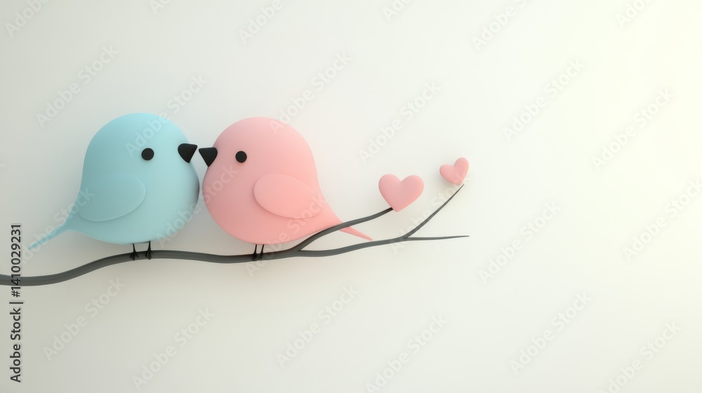 Two stylized birds, colored pink and blue, are captured in a heartwarming moment of affection, set against a gentle blue background with floating hearts Two stylized birds, colored pink and blue, are captured in a heartwarming moment of affection, set against a gentle blue background with floating hearts