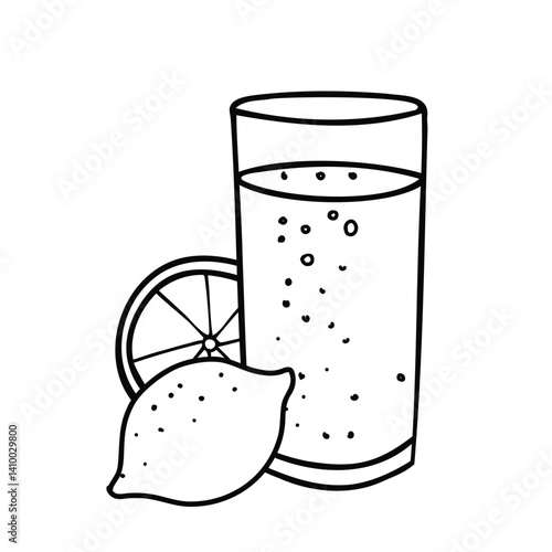 Lemonade Glass with Lemon Fruit. Summer refreshment beverage illustration isolated on a white background. Black and white outline drawing in Doodle style. For restaurant menus and graphic design