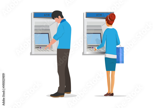 Vector illustration of a man and woman standing to withdraw money from an ATM on a white background.