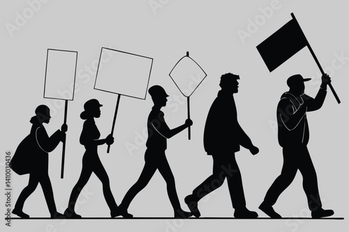 Group of people marching with protest signs silhouette vector design art and illustration