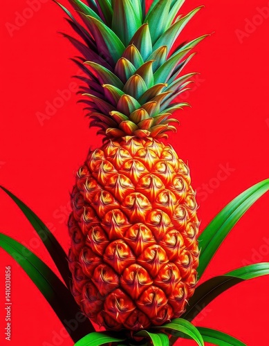 Obraz na płótnie Vibrant pineapple, red background, green accents, pop art style, artwork, object w salonie