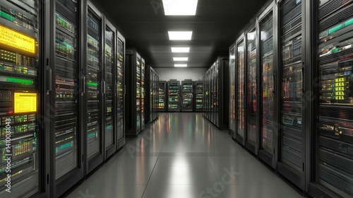 Server room rows in a hightech data center 3D illustration with organized racks