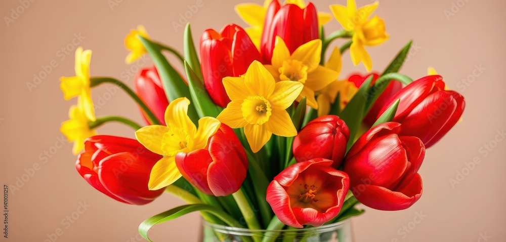 Vibrant red tulips and sunny yellow daffodils in a clear glass vase, botany, tulips