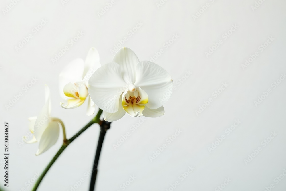 Obraz premium Delicate white orchid blossom against pure white backdrop, macro photography, floral
