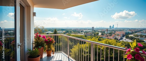 Sun-drenched balcony overlooking vibrant city greenery and distant skyline, cityscape,  perspective
