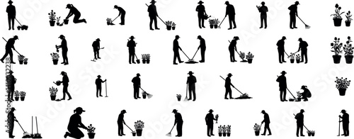  Set of black silhouettes of gardeners working in garden