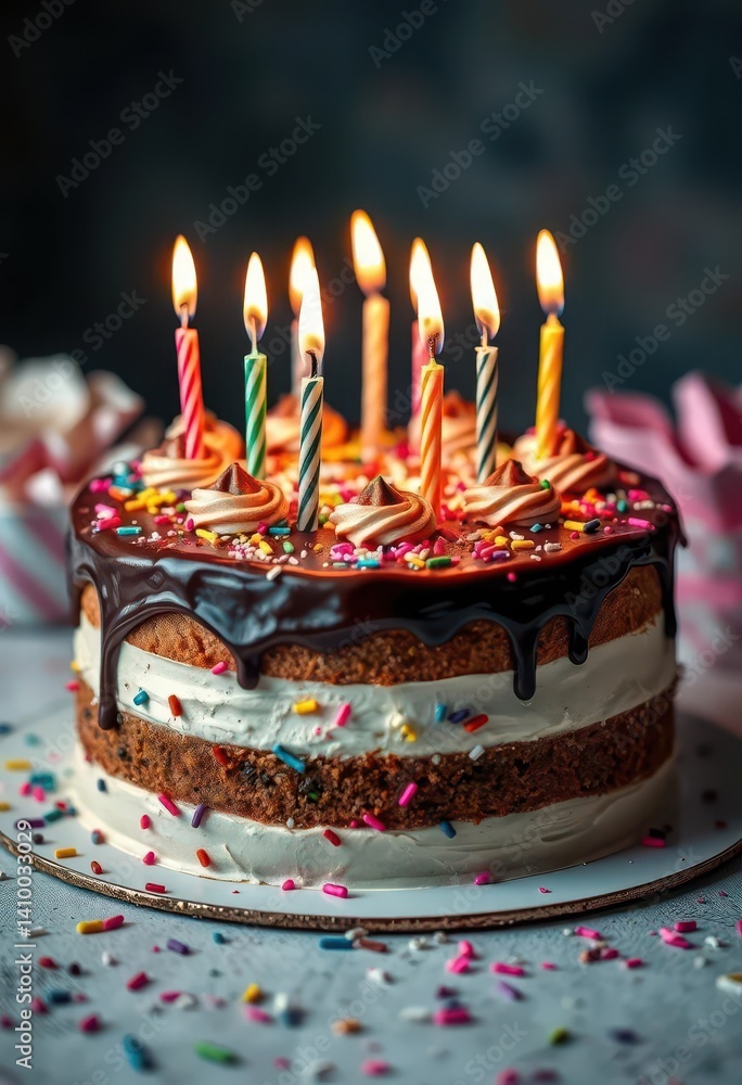 A decadent birthday cake with lit candles, festive sprinkles, frosting, happy birthday, dessert table