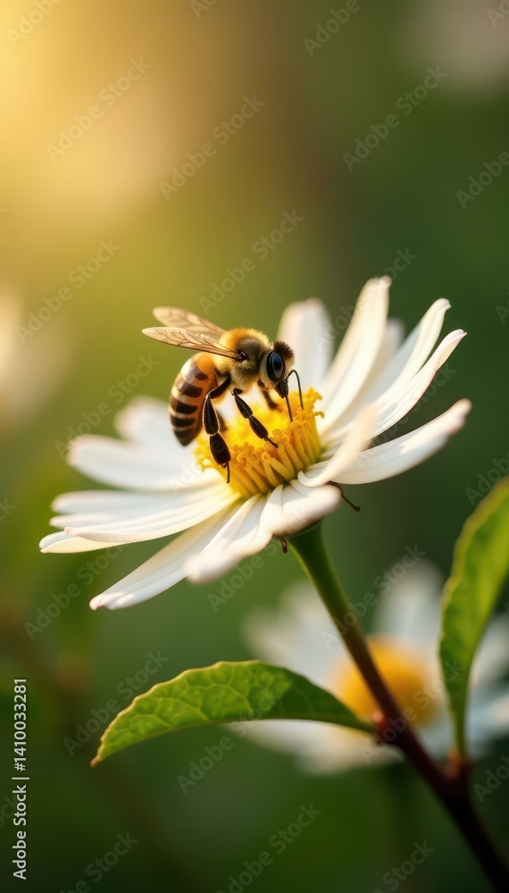 A honeybee feeding on acacia flower, sunlight dappled petals , color, photography, flower