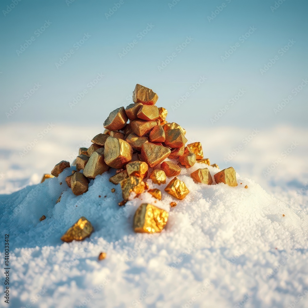 A pyramid of glittering brown gold nuggets emerges from pristine snow, cold, ground