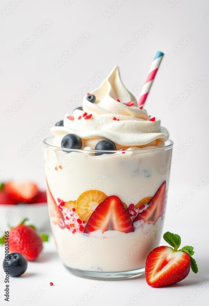 A refreshing yogurt parfait resembling an ice cream sundae, isolated on white, granola, blueberry