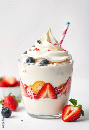 Obraz na płótnie A refreshing yogurt parfait resembling an ice cream sundae, isolated on white, granola, blueberry w salonie