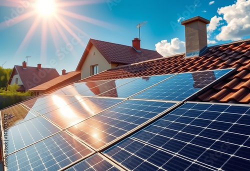 Sunlight illuminates solar panels on a European house roof , building, house