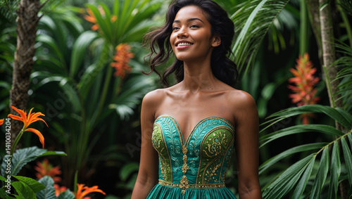 Beautiful Woman Smiling In Exotic Dress Amidst Tropical Plants And Flowers