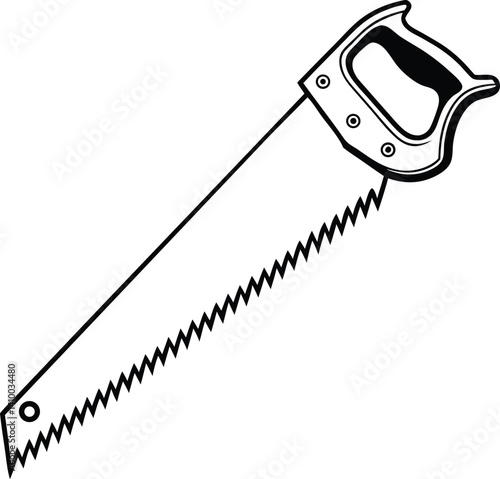 Black and white vector illustration of a handsaw with jagged teeth and ergonomic handle