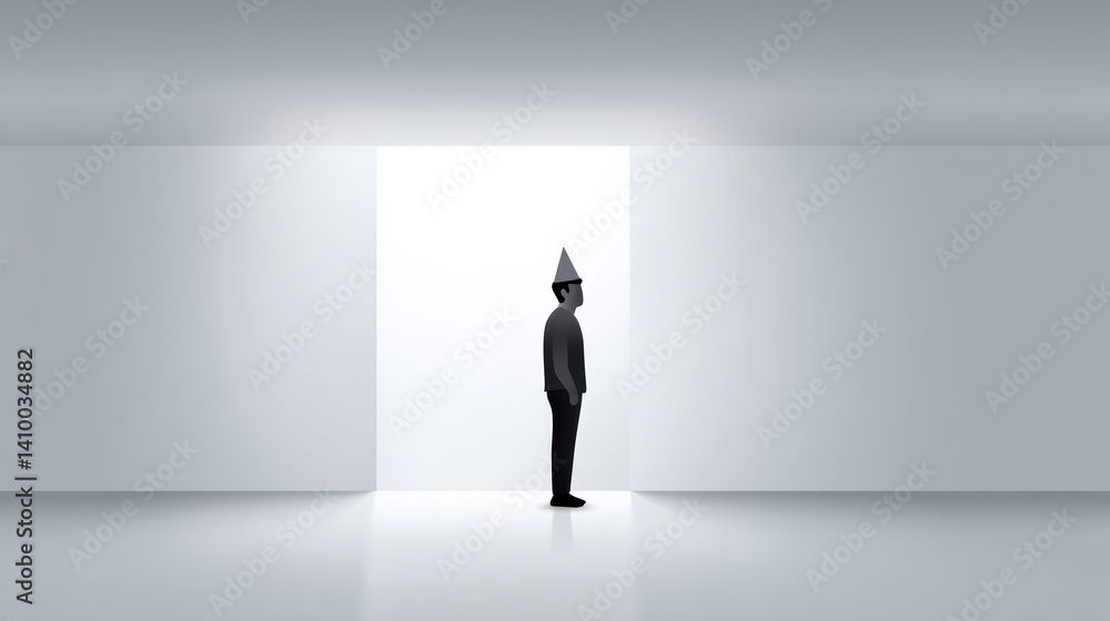 A solitary figure in a minimalist, bright space, wearing a cone-shaped hat, evokes themes of isolation and introspection. A solitary figure in a minimalist, bright space, wearing a cone-shaped hat, evokes themes of isolation and introspection.