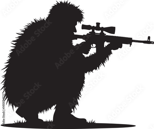 Sniper in Ghillie Suit Silhouette – Tactical Marksman Illustration

Camouflaged Shooter Silhouette – Military Sniper Art

Stealth Marksman in Position – Black and White Sniper Design

