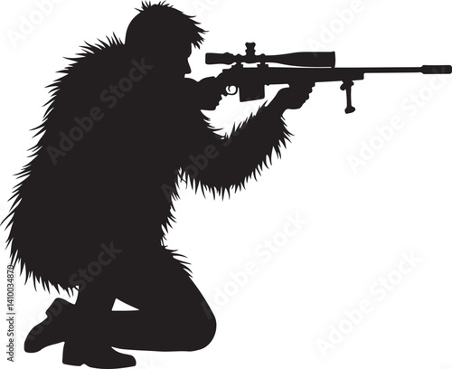 Sniper in Ghillie Suit Silhouette – Tactical Marksman Illustration

Camouflaged Shooter Silhouette – Military Sniper Art

Stealth Marksman in Position – Black and White Sniper Design

