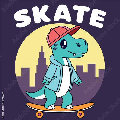 Cute Dinosaur Skateboarder in New York City T-shirt Design for Kids.