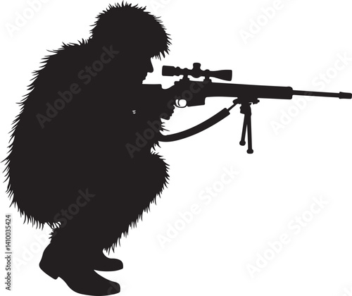 Sniper in Ghillie Suit Silhouette – Tactical Marksman Illustration

Camouflaged Shooter Silhouette – Military Sniper Art

Stealth Marksman in Position – Black and White Sniper Design


