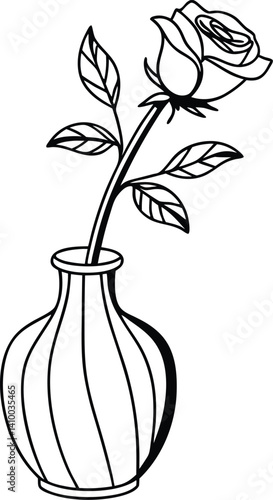 Black and white vector illustration of a single rose in a decorative vase
