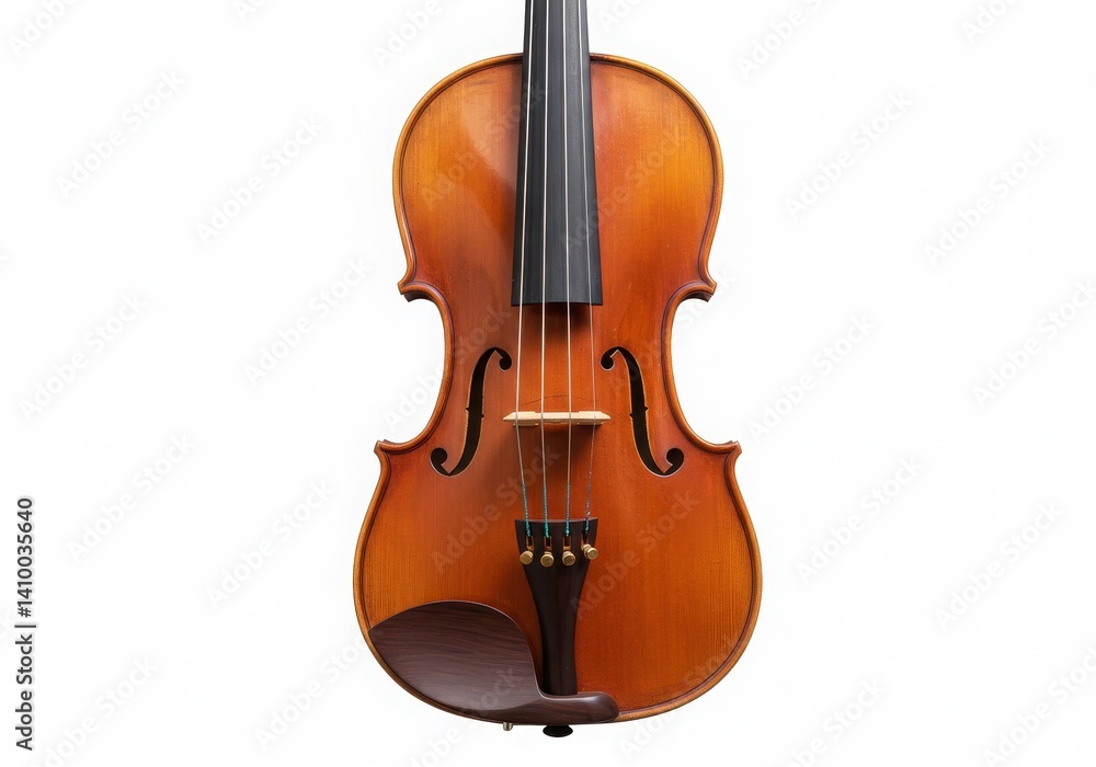 Fototapeta premium A close up studio shot of a brown violin with black strings on a white background in full view angle