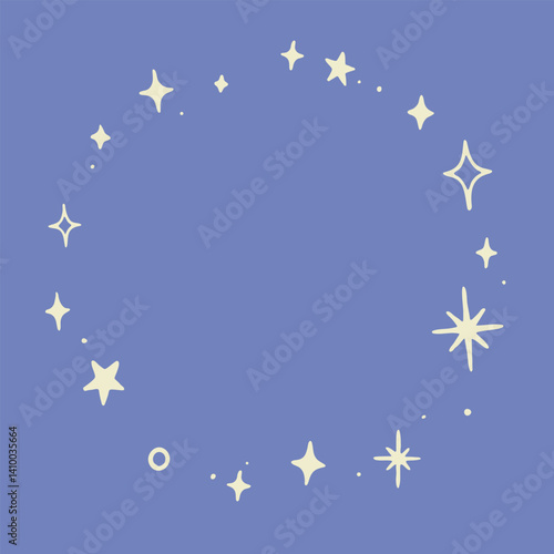 Cosmic round frame with stars and spark shines. Mystical and celestial. Vector illustration aesthetic design.